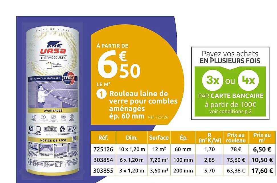 rouleau laine de verre pour combles aménagés ép. 60 mm ursa