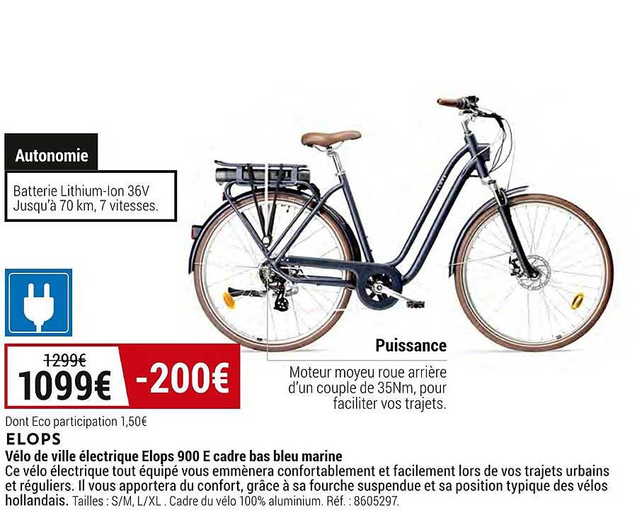 vélo de ville électrique elops 900 e cadre bas bleu marine