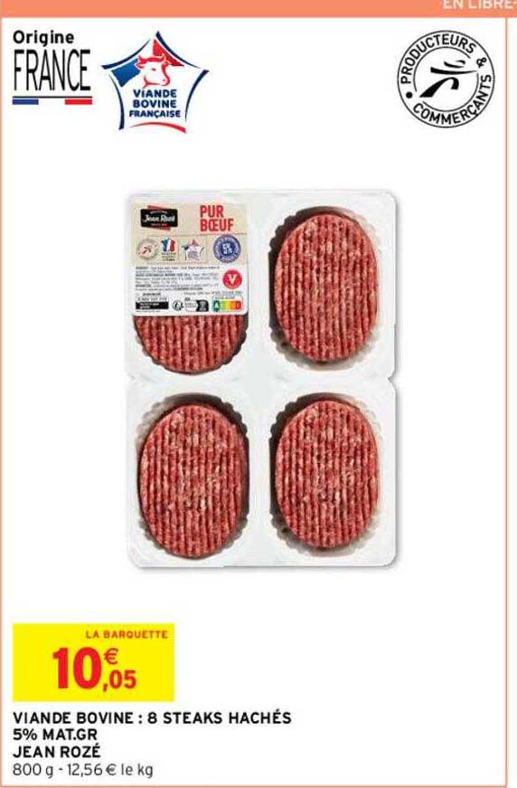 viande bovine : 8 steaks hachés 5% mat.gr. jean rozé