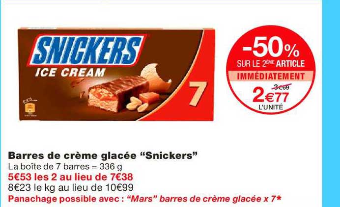 barres de crème glacée snickers ice cream -50% sur le 2ème article