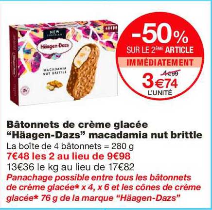bâtonnets de crème glacée häagen dazs macadamia nut brittle -50% sur le 2ème article