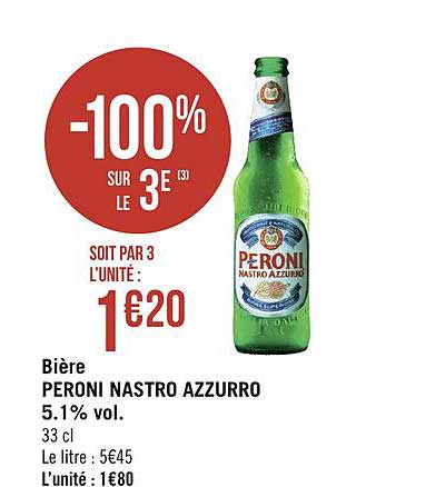 bière peroni nastro azzurro -100% sur le 3e