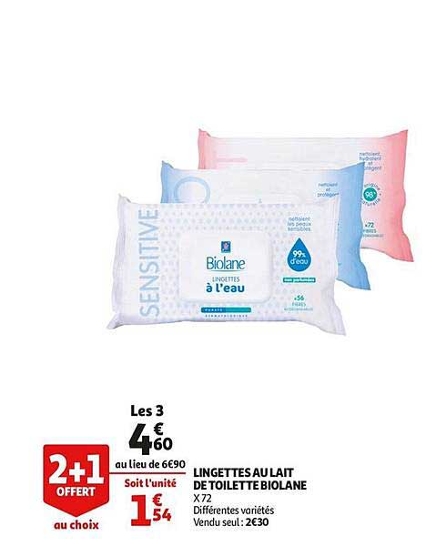 biolane lingettes à l'eau sensitive 2+1 offert au choix