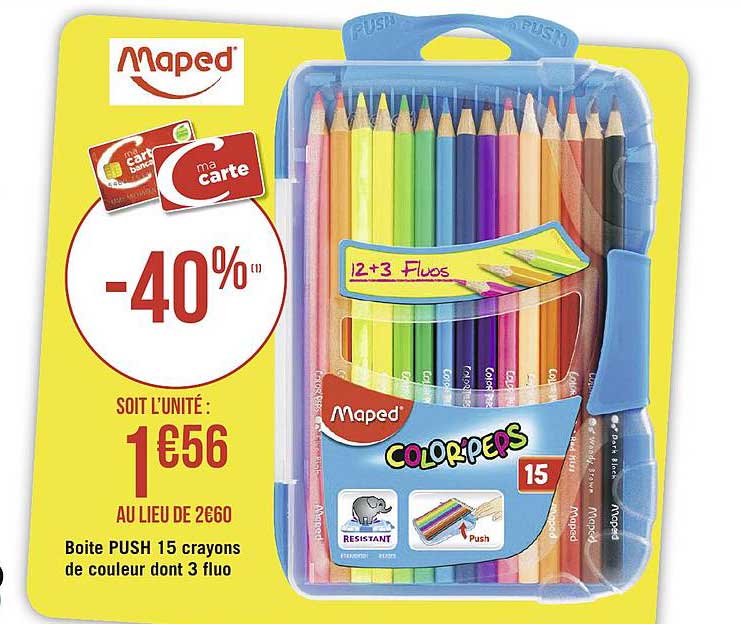 boite push 15 crayons de couleur dont 3 fluo maped