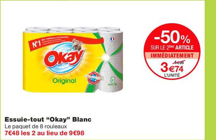 essuie tout okay original blanc -50% sur le 2ème article