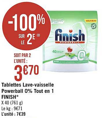 finish powerball 0% tout en 1 tablettes lave vaisselle -100% sur le 2e