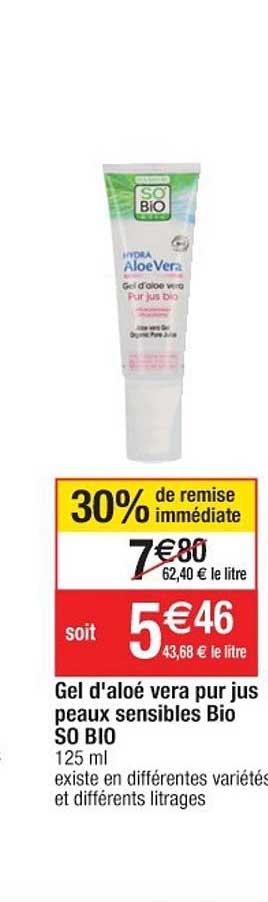 gel d'aloé vera pur jus peaux sensible bio so bio 30% de remise immédiate