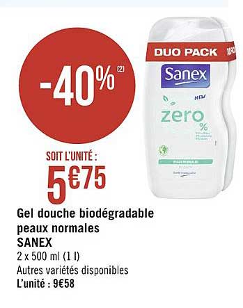 gel douche biodégradable peaux normales zero % sanex