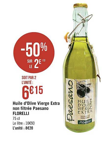 huile d'olive vierge extra non filtrée paesano florelli -50% sur le 2e