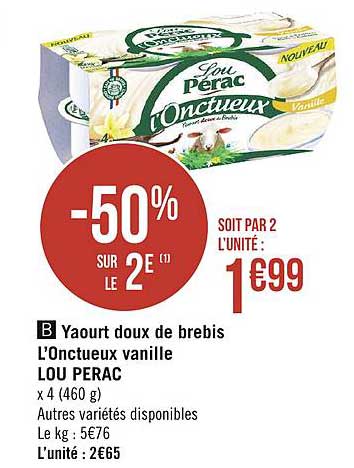 l'onctueux vanille lou pérac yaourt doux de brebis -50% sur le 2e