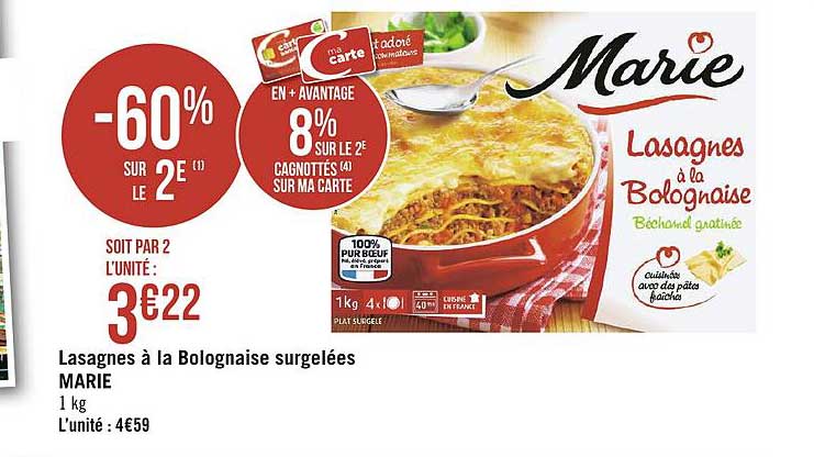 Lasagnes à La Bolognaise Surgelées Marie -60% Sur Le 2e