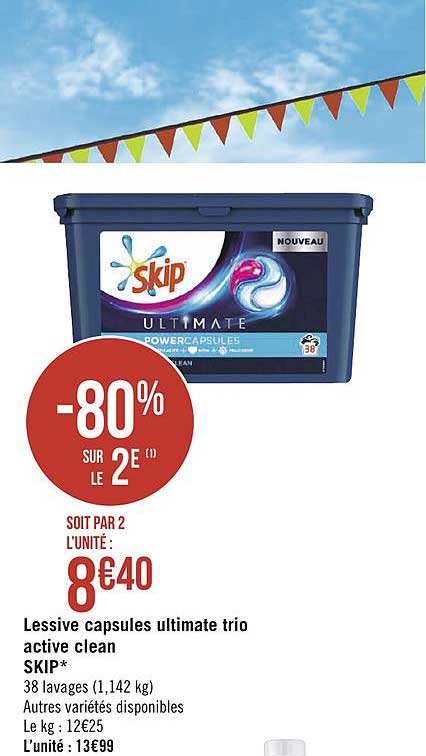 Lessive Capsules Skip Ultimate Trio Active Clean -80% Sur Le 2e