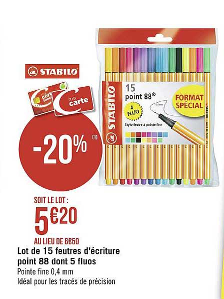 lot de 15 feutres d'écriture point 88 dont 5 fluos stabilo