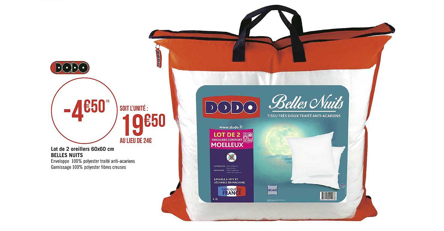 lot de 2 oreillers 60x60 cm belles nuits dodo