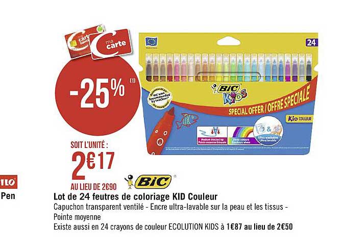 lot de 24 feutres de coloriage kid couleur bic