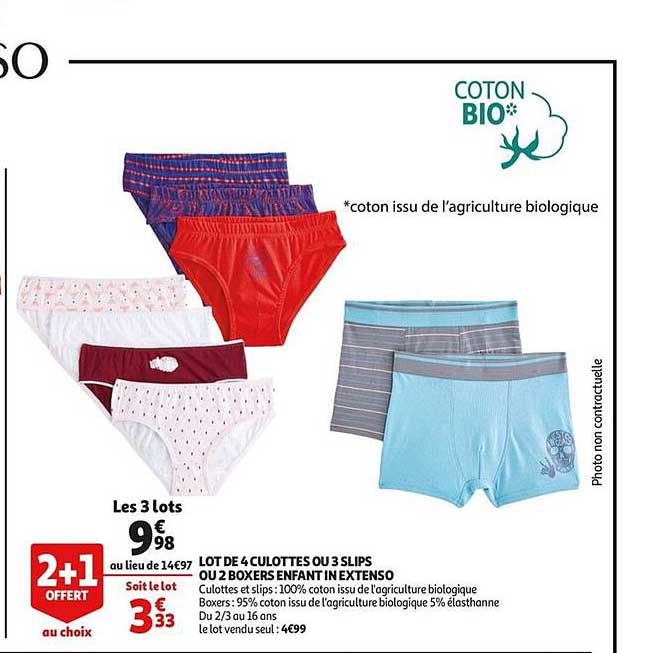 lot de 4 culottes ou 3 slips ou 2 boxers enfant in extenso 2+1 offert au choix