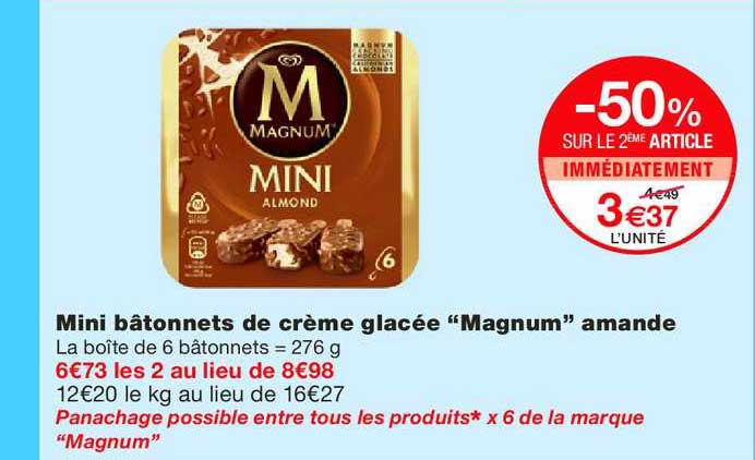 magnum mini almond bâtonnets de crème glacée amande -50% sur le 2ème article