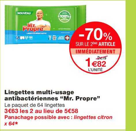 mr. propre lingettes multi usage antibactériennes -70% sur le 2ème article