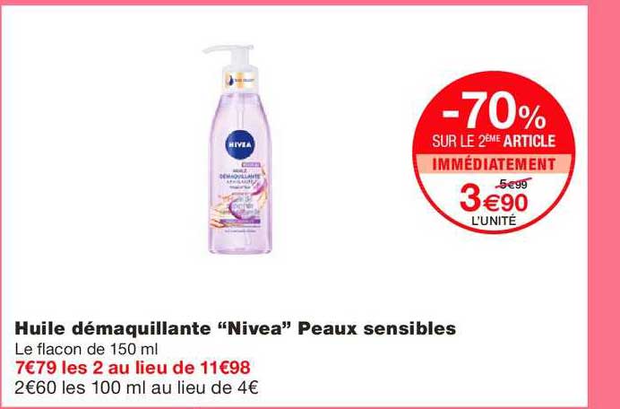 nivea huile démaquillante peaux sensibles -70% sur le 2ème article