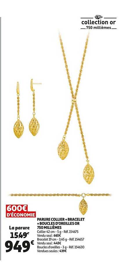parure collier+bracelet+boucles d'oreilles or 750 millièmes
