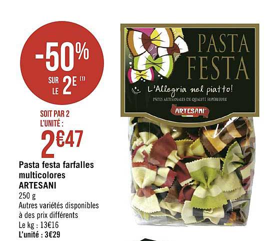 pasta festa farfalles multicolores artesani -50% sur le 2e