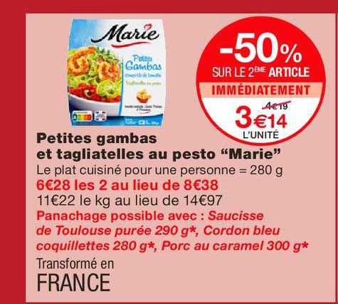 petites gambas et tagliatelles au pesto marie -50% sur le 2ème article