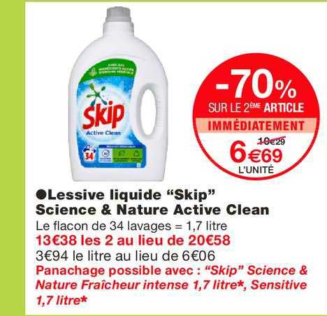 skip active clean lessive liquide science & nature -70% sur le 2ème article