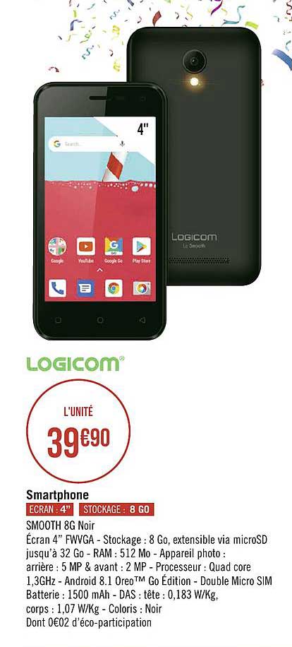 smartphone smooth 8g noir logicom