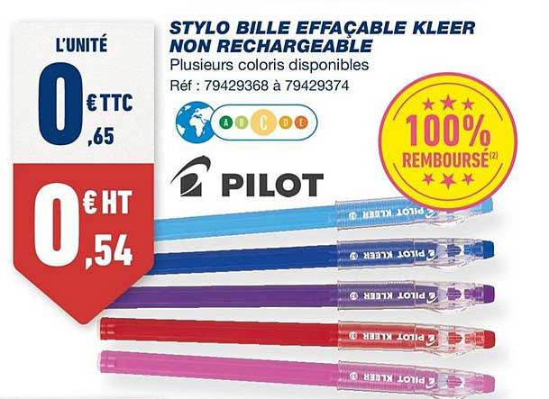 stylo bille effaçable kleer non rechargeable pilot