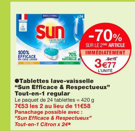 sun tout en 1 regular tablettes lave vaisselle 100% efficace & respectueux -70% sur le 2ème article