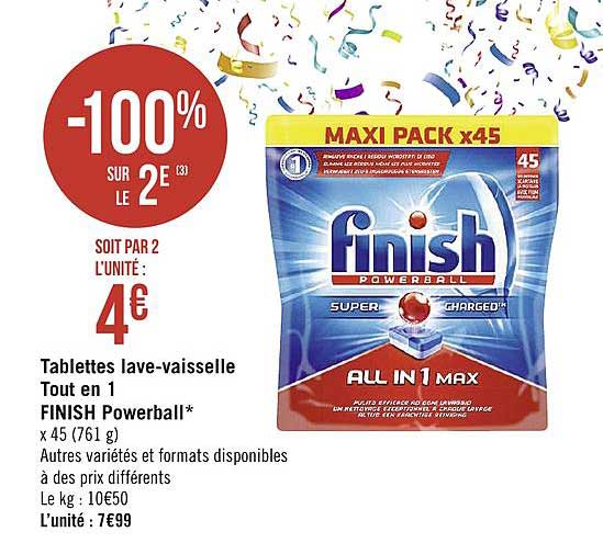 tablettes lave vaisselle tout en 1 finish powerball -100% sur le 2e