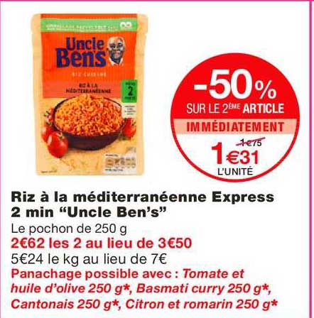 uncle ben's riz à la méditerranéenne express 2 min -50% sur le 2ème article
