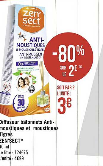 zen'sect diffuseur bâtonnets anti moustiques & moustiques tigres -80% sur le 2e