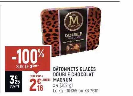 bâtonnets glacés double chocolat magnum -100% sur le 3ème