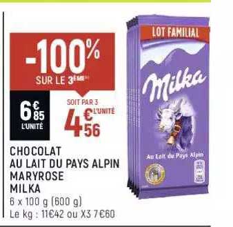 chocolat au lait du pays alpin maryrose milka -100% sur le 3ème