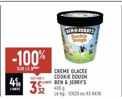 crème glacée cookie dough ben & jerry's -100% sur le 3ème