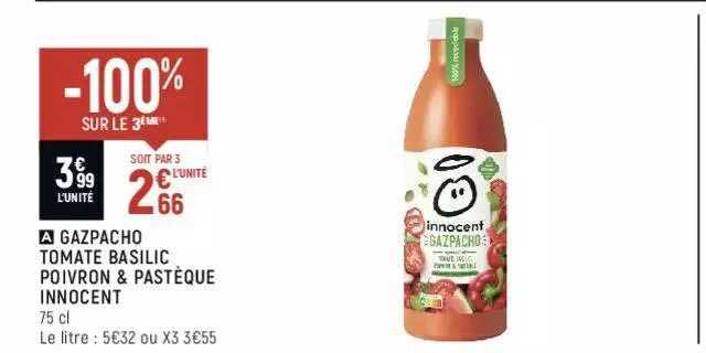 gazpacho tomate basilic poivron & pastèque innocent -100% sur le 3ème