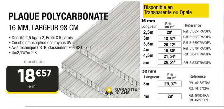 plaque polycarbonate 16 mm largeur 98 cm