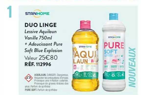stanhome duo ling lessive aquilaum vanille 750ml + adoucissant pure soft blue explosion