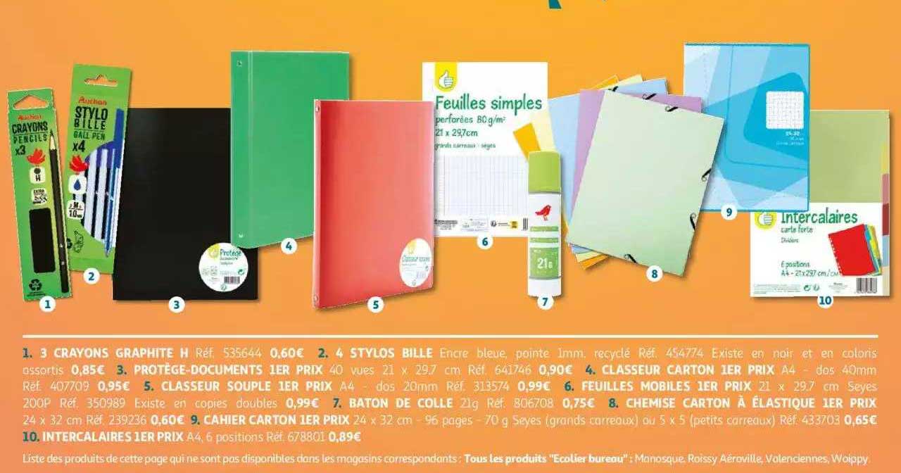 3 crayons graphite h, 4 stylos bille, protège-documents 1er prix, classeur carton 1er prix, classeur souple 1er prix, feuilles mobiles 1er prix, bâton de colle, chemise carton à élastique 1er prix