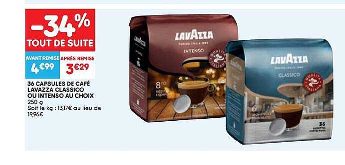 36 capsules de café lavazza classico ou intenso au choix 250g