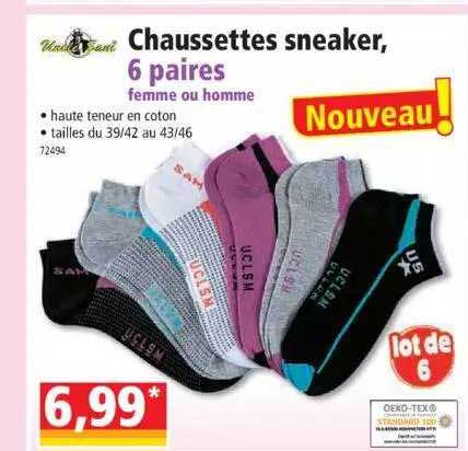chaussettes sneaker 6 paires femme ou homme