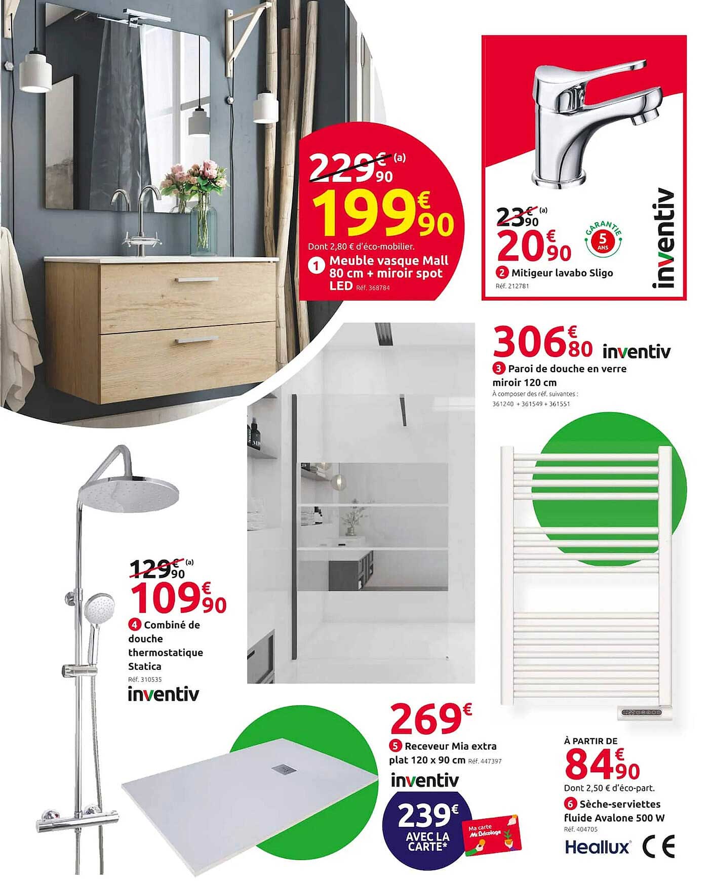 combiné de douche thermostatique statica inventiv, receveur mia extra plat 120 x 90 cm inventiv, sèche-serviettes fluide avalone 500w heallux, paroi de douche en verre miroir 120 cm, mitigeur lavabo