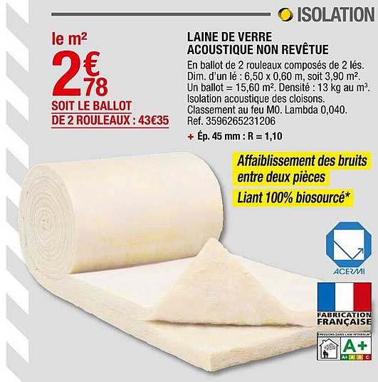 laine de verre acoustique non revêtue