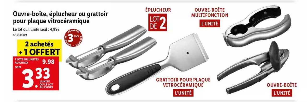 ouvre-boîte, éplucheur ou grattoir pour plaque vitrocéramique