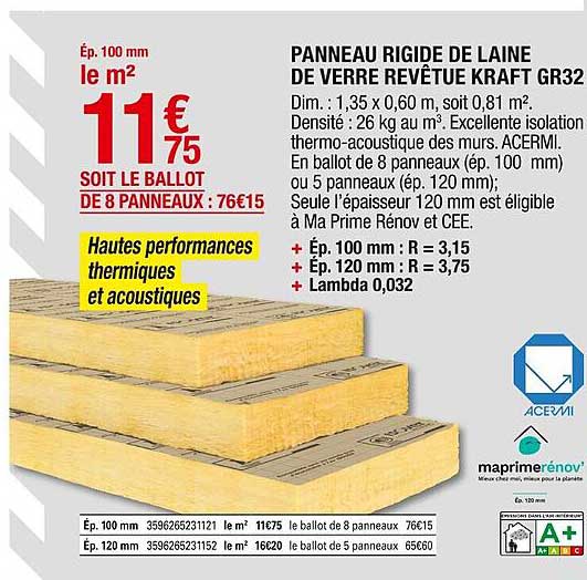 panneau rigide de laine de verre revêture kraft GR32
