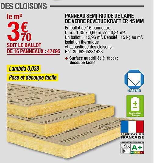 panneau semi-rigide de laine de verre revêture kraft ep. 45mm