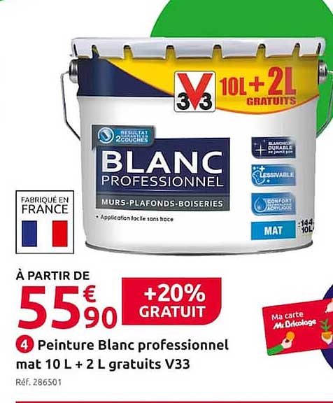 peinture blanc professionnel mat 10 l + 2 l gratuits v33