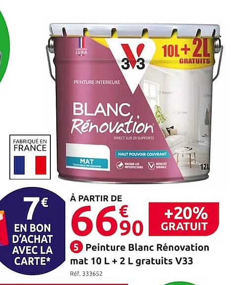 peinture blanc rénovation mat 10 l + 2 l gratuits v33