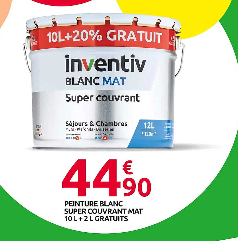peinture blanc super couvrant mat 10 l + 2 l gratuits